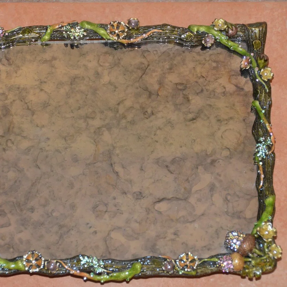 JAY STRONGWATER AUTUMN LEAF TWIG ACORN CRYSTAL ENAMEL MIRROR VANITY TRAY